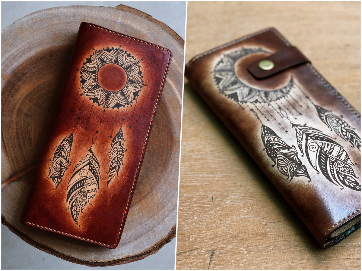 Personalized Leather Mandala Wallet: Floral Sun Moon Design