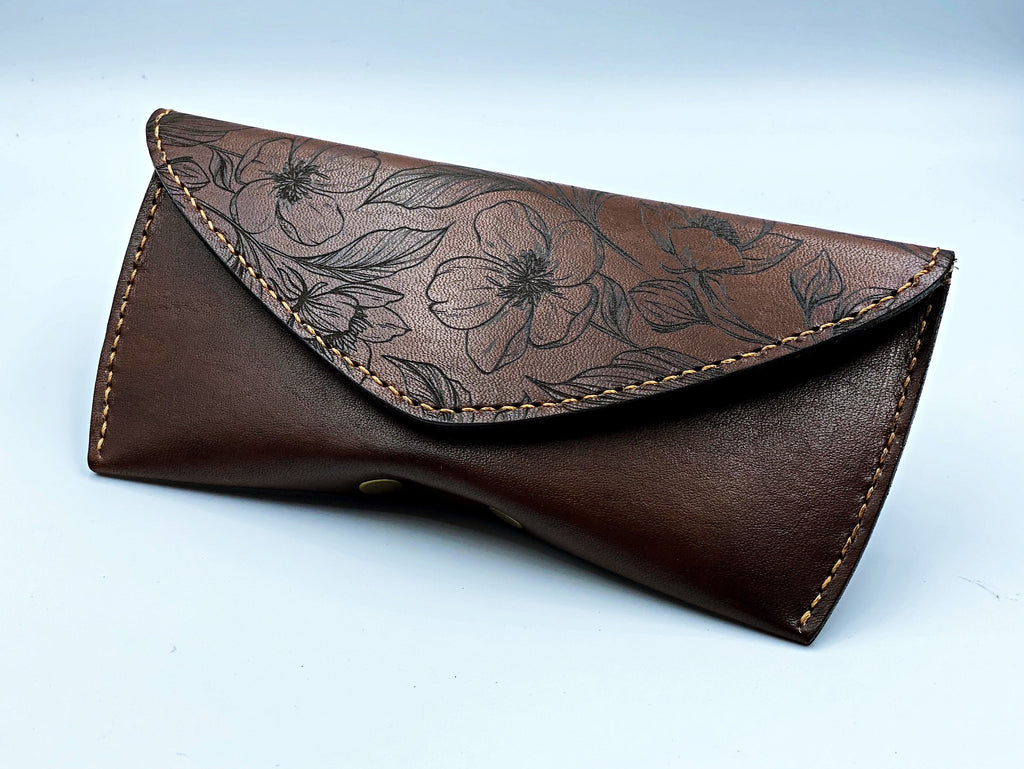 Personalized Leather Sunglasses Case, Hand-Drawn Flower Design, Anniversary Gift