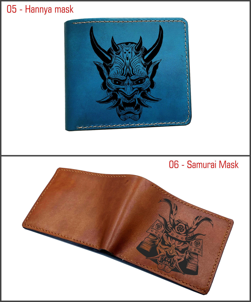 Personalized Japan ancient pattern leather men's wallet, Oni hannya demon evil mask art, horror wallet for men, halloween gift idea for him