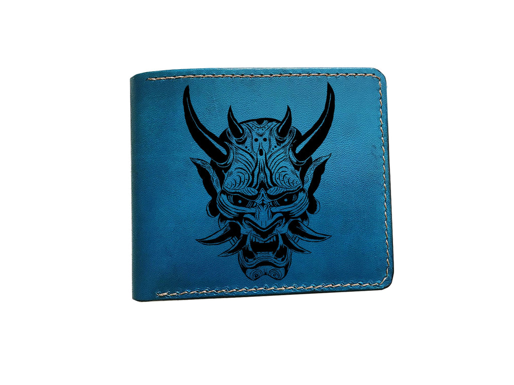 Personalized Japan ancient pattern leather men's wallet, Oni hannya demon evil mask art, horror wallet for men, halloween gift idea for him