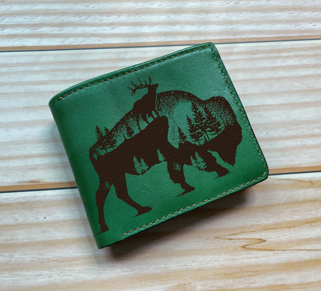 Personalized leather wallet, bifold mini card wallet, fox natural drawing wallet, animal draw gift, anniversary leather wallet for husband