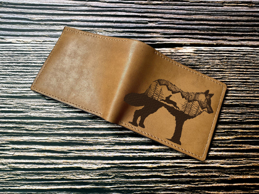 Personalized leather wallet, bifold mini card wallet, fox natural drawing wallet, animal draw gift, anniversary leather wallet for husband