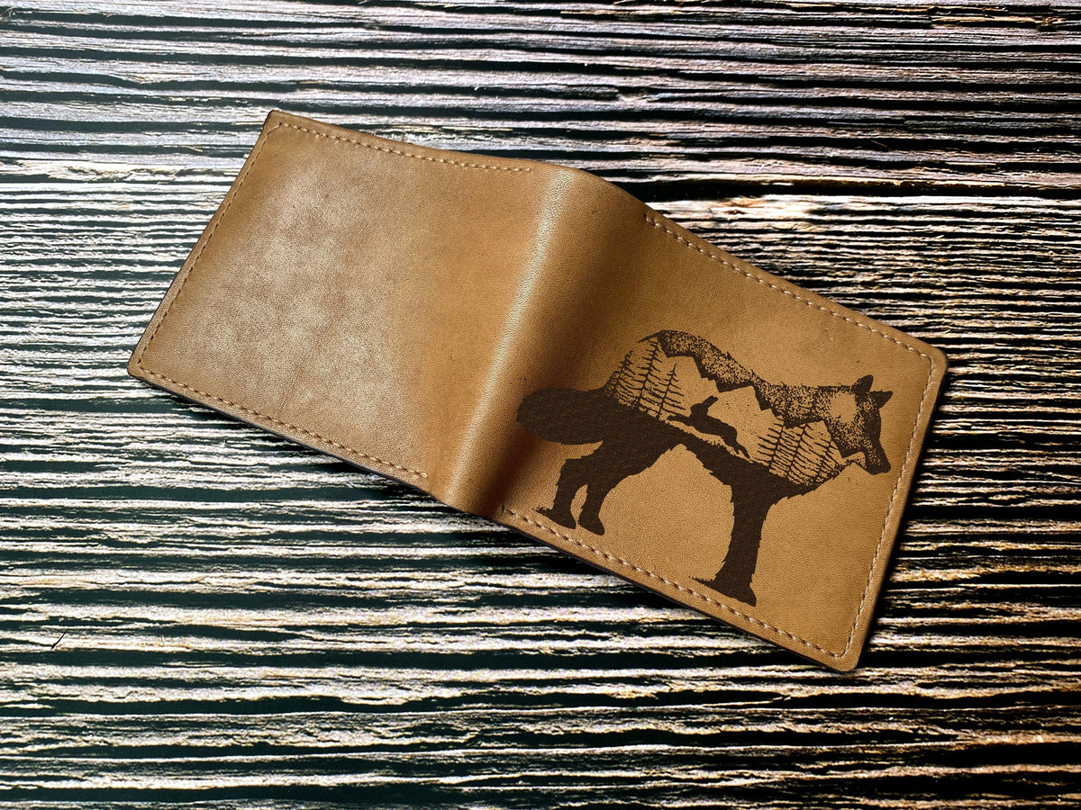 Personalized leather wallet, bifold mini card wallet, fox natural drawing wallet, animal draw gift, anniversary leather wallet for husband