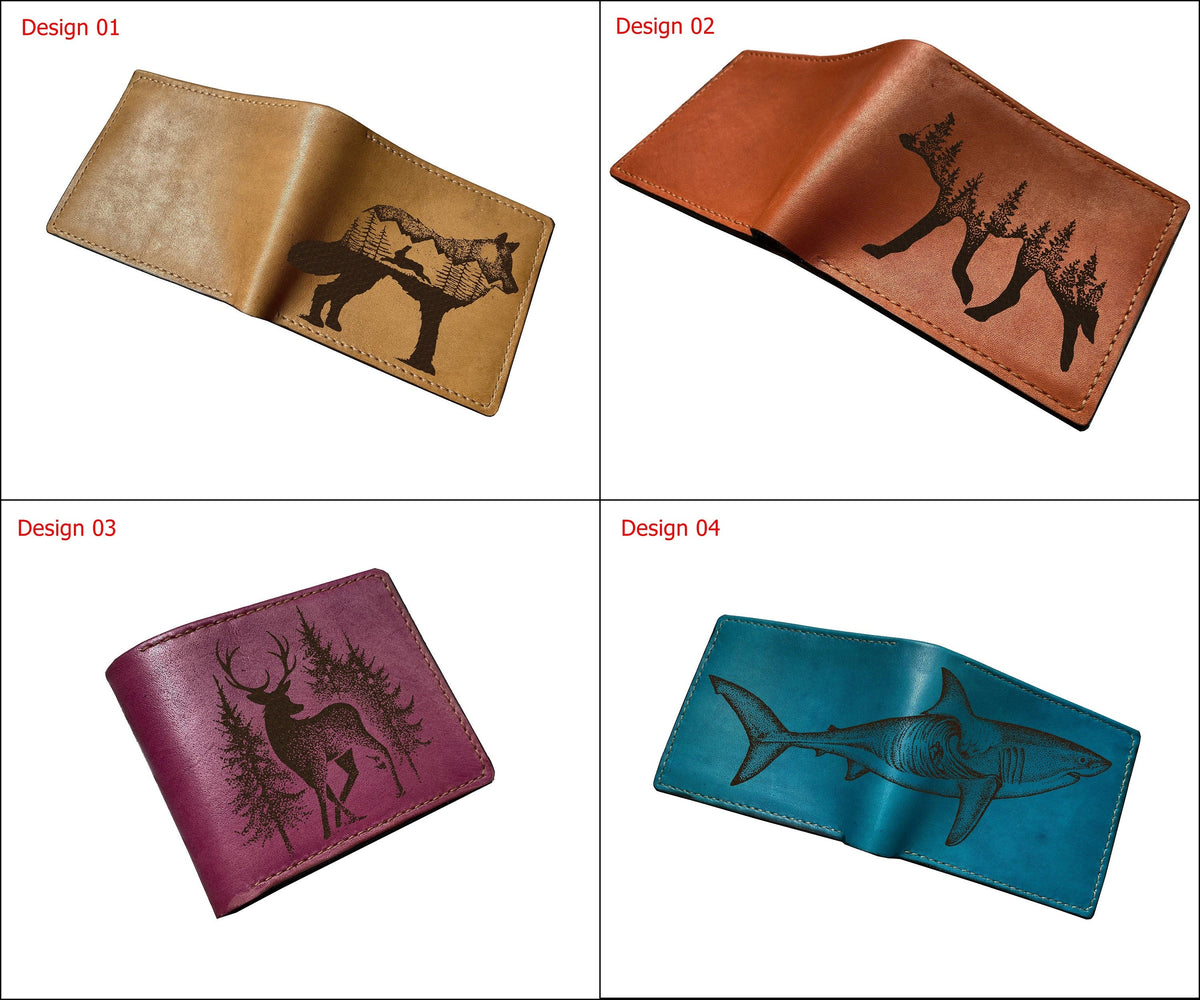 Personalized leather wallet, bifold mini card wallet, fox natural drawing wallet, animal draw gift, anniversary leather wallet for husband