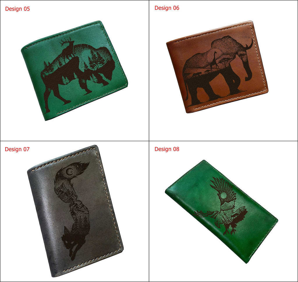 Personalized leather wallet, bifold mini card wallet, fox natural drawing wallet, animal draw gift, anniversary leather wallet for husband