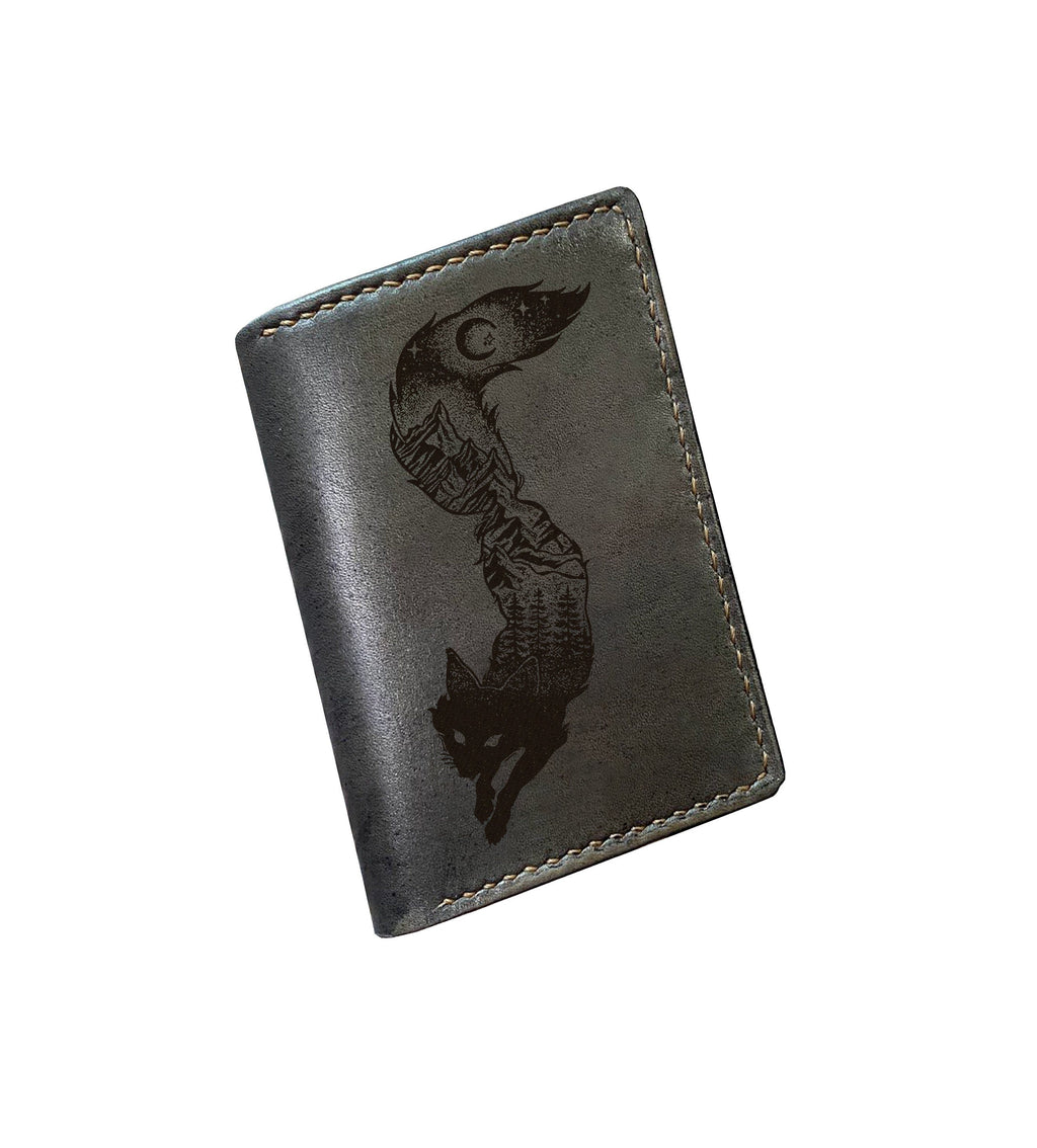 Personalized leather wallet, bifold mini card wallet, fox natural drawing wallet, animal draw gift, anniversary leather wallet for husband