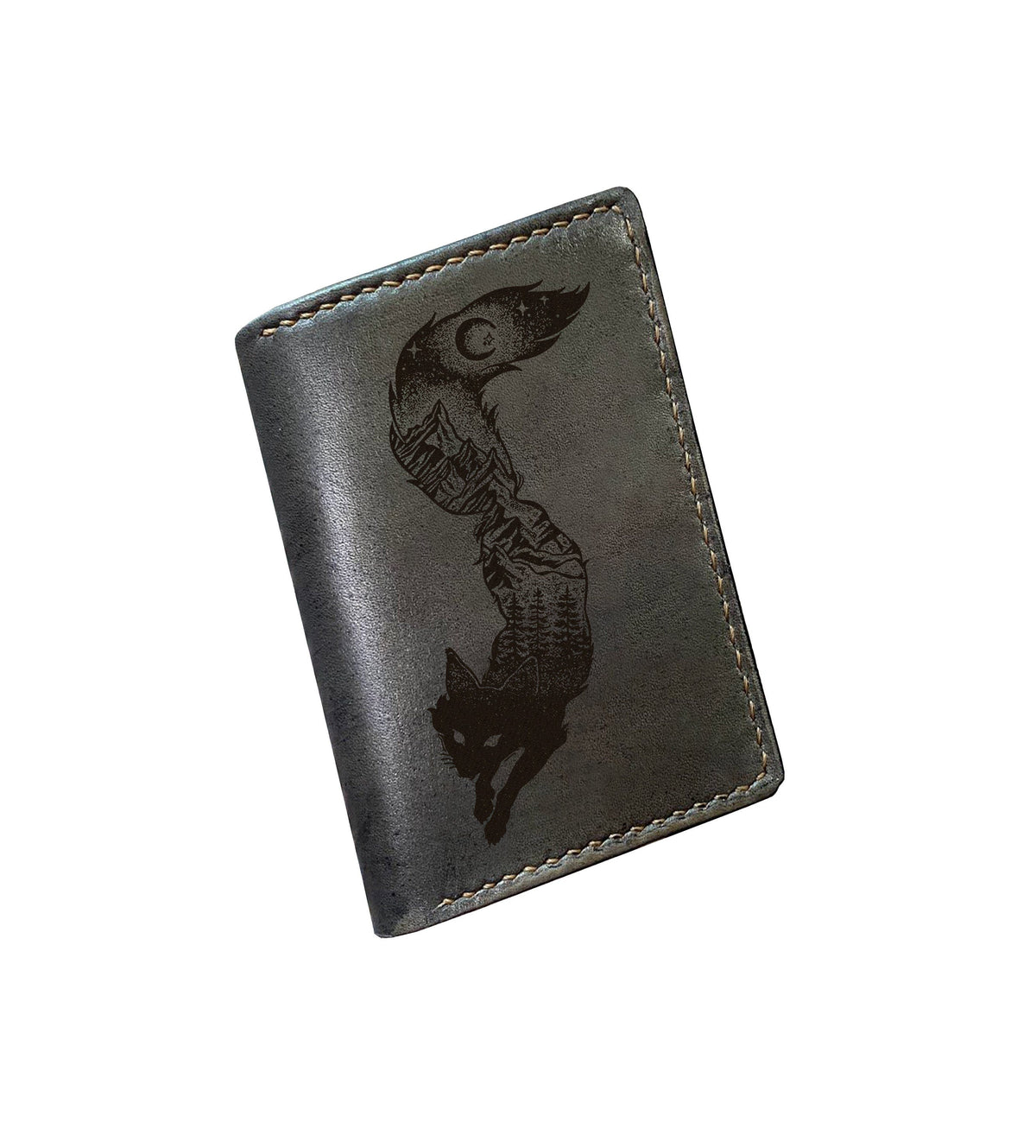 Personalized leather wallet, bifold mini card wallet, fox natural drawing wallet, animal draw gift, anniversary leather wallet for husband