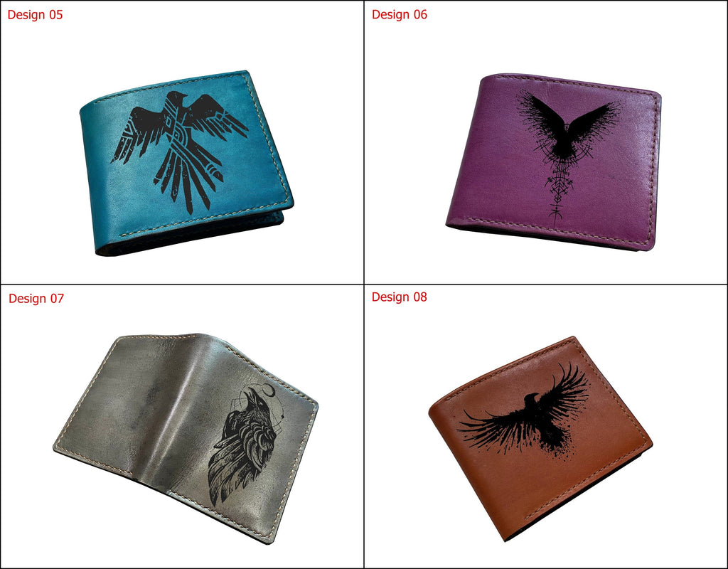 Personalized leather wallet, bifold men wallet, raven moon sign art drawing pattern, celtic style leather wallet for men, gift for him
