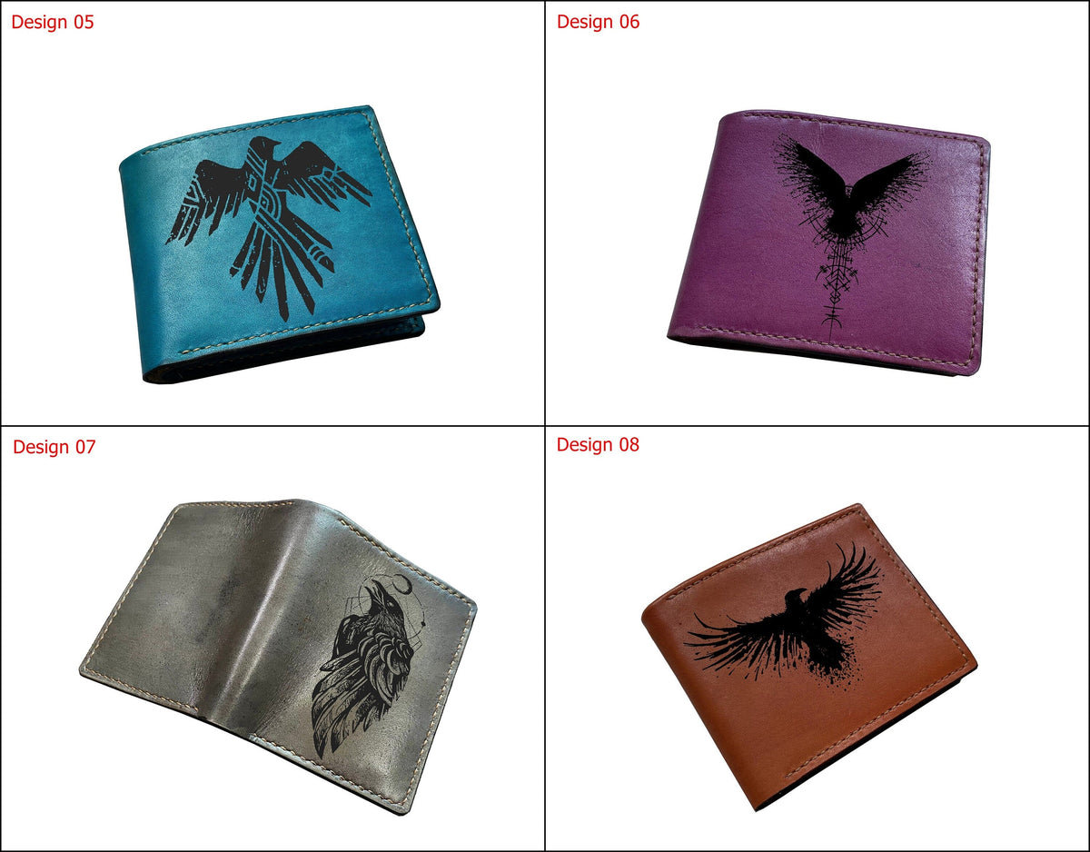 Personalized leather wallet, bifold men wallet, raven moon sign art drawing pattern, celtic style leather wallet for men, gift for him