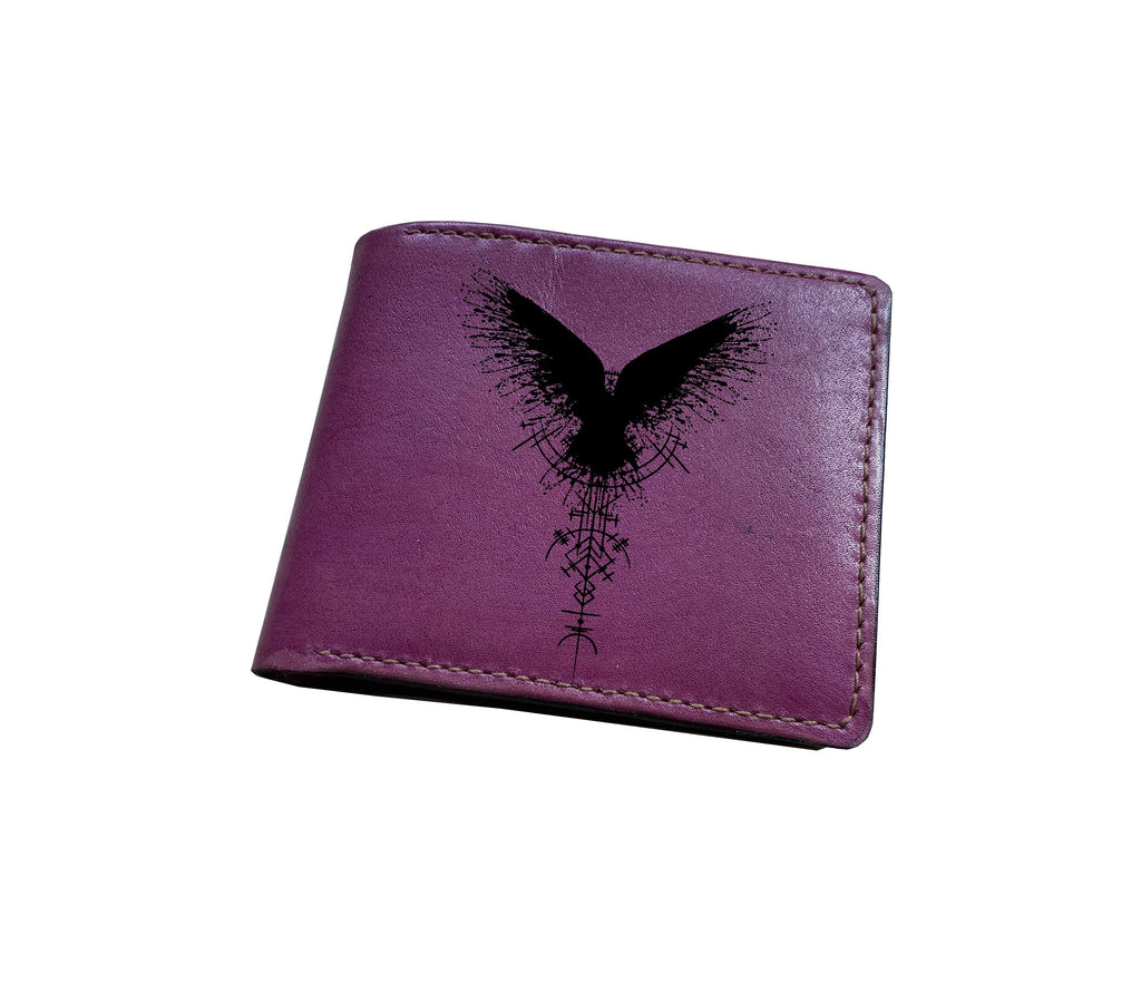 Personalized leather wallet, bifold men wallet, raven moon sign art drawing pattern, celtic style leather wallet for men, gift for him