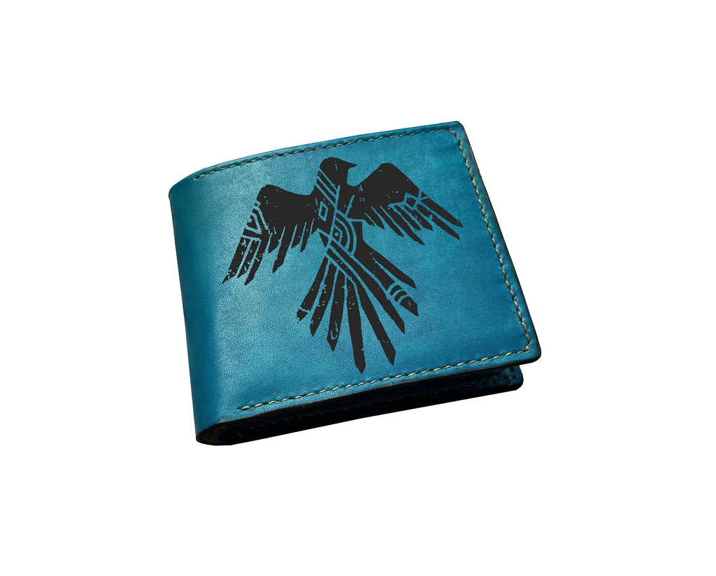 Personalized leather wallet, bifold men wallet, raven moon sign art drawing pattern, celtic style leather wallet for men, gift for him