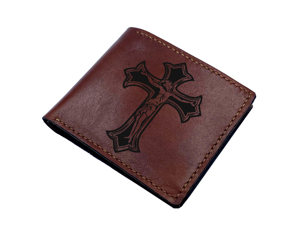Celtic knot cross symbol, custom leather wallet, personalized leather present for dad, husband, brother, leather anniversary gift for friend