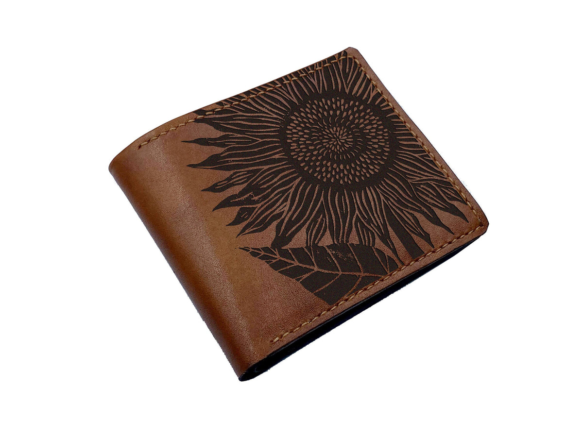 Sunflower leather men's wallet, customized men's wallet, minimalist pattern art wallet, leather gift ideas for husband, father, gift for dad