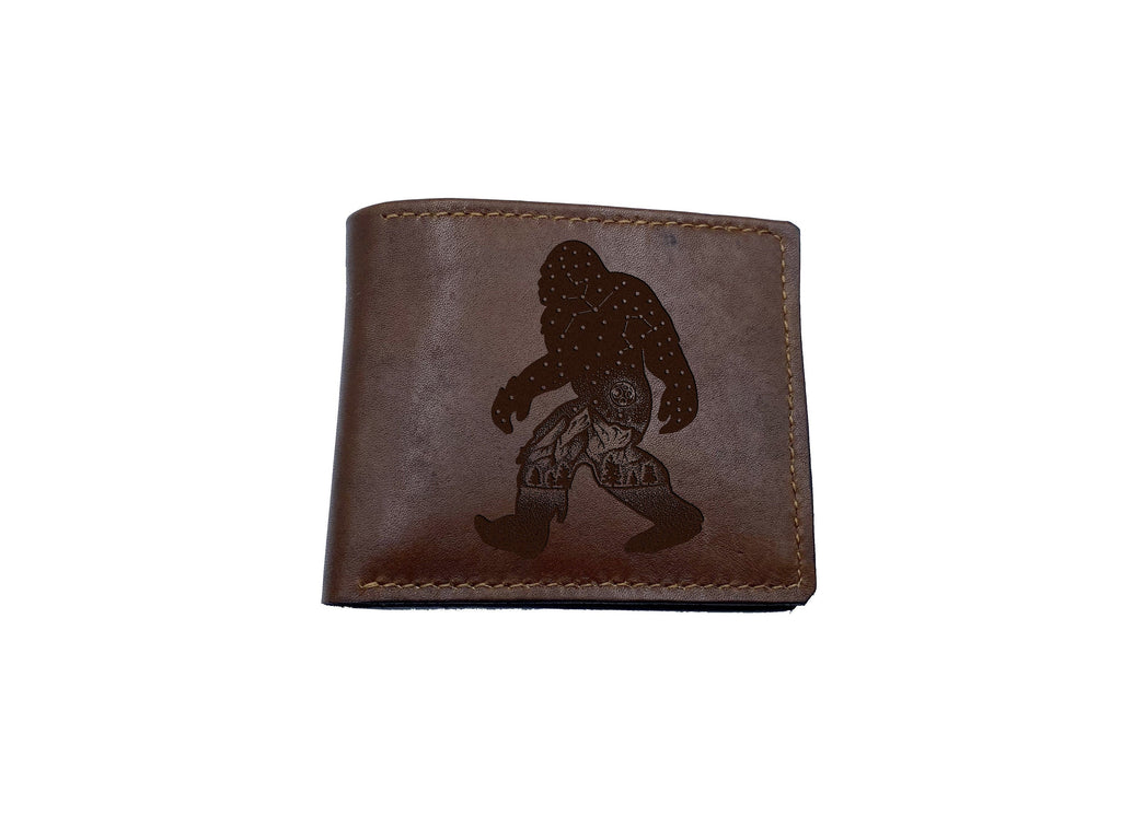 Bigfoot leather men's wallet, Sasquatch personalized adventure gift for him