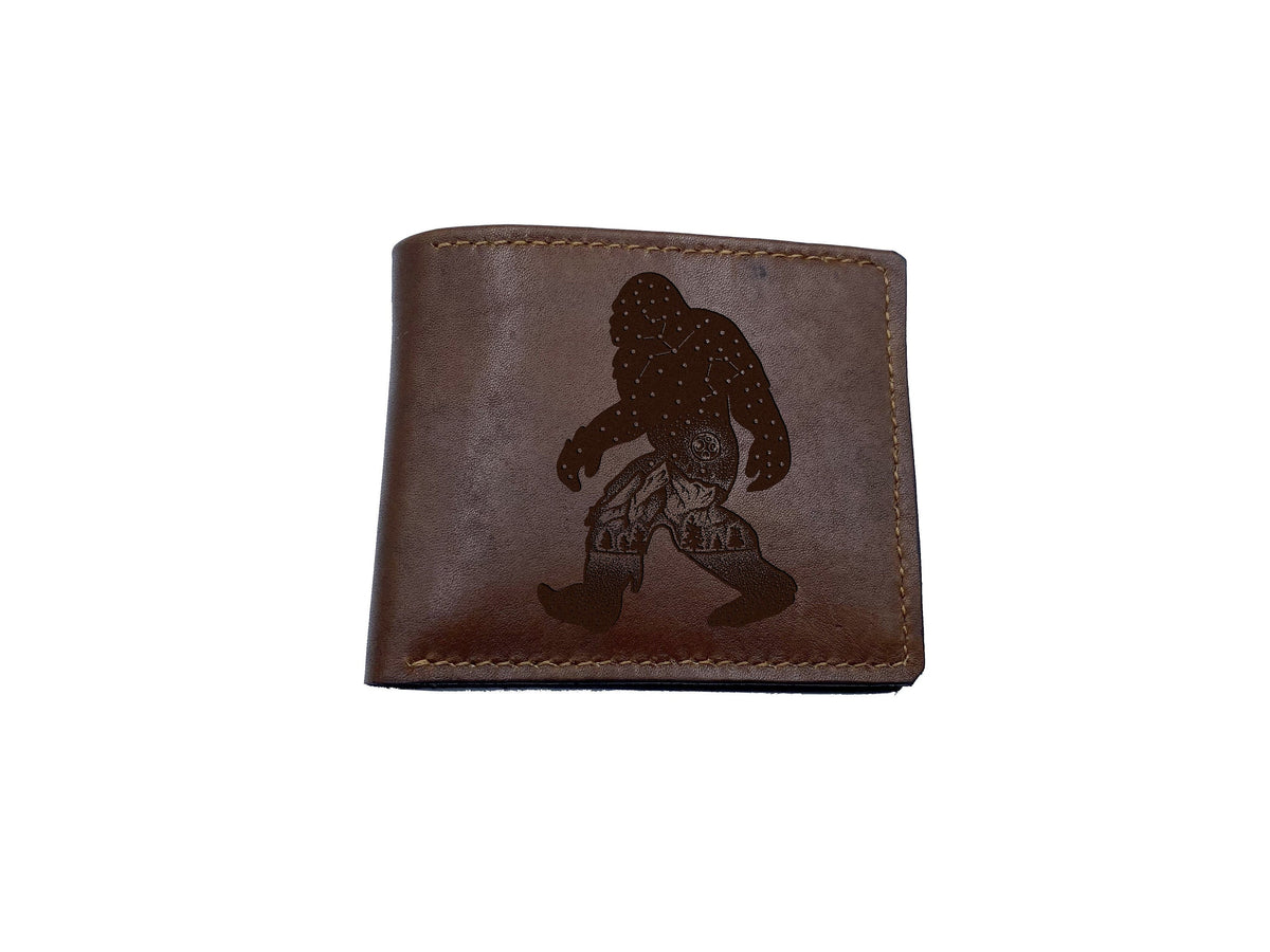 Bigfoot leather men's wallet, Sasquatch personalized adventure gift for him