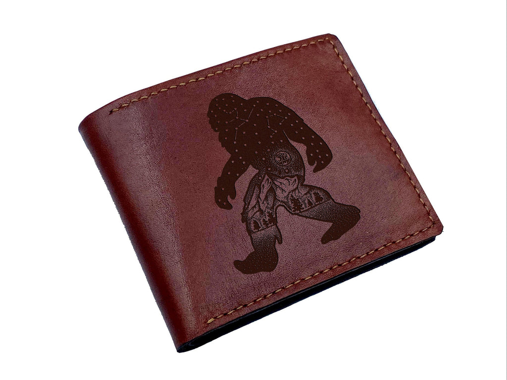 Bigfoot leather men's wallet, Sasquatch personalized adventure gift for him