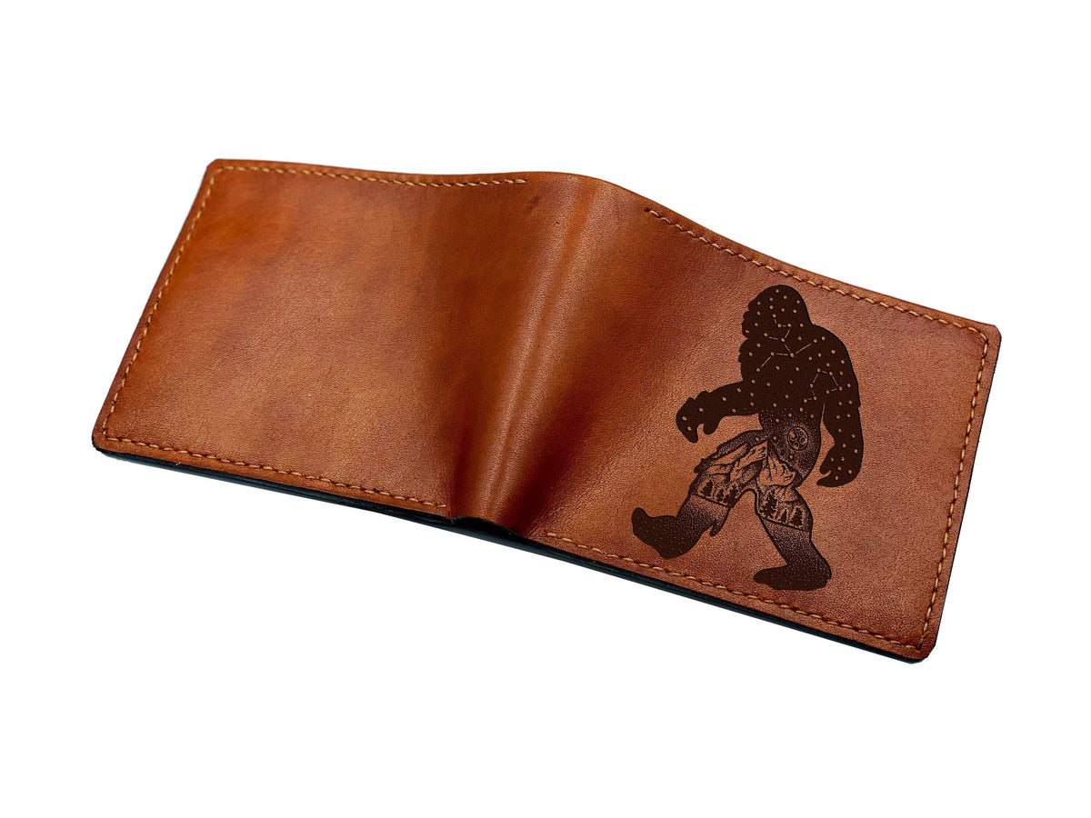 Bigfoot leather men's wallet, Sasquatch personalized adventure gift for him