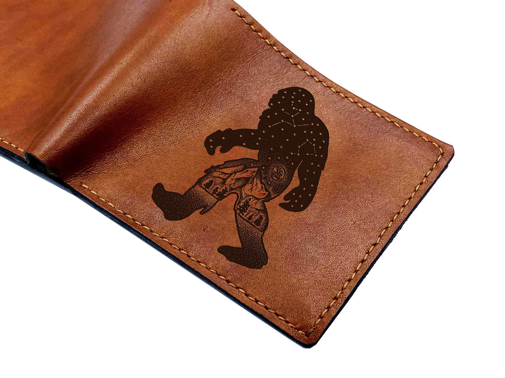 Bigfoot leather men's wallet, Sasquatch personalized adventure gift for him