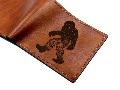 Bigfoot leather men's wallet, Sasquatch personalized adventure gift for him