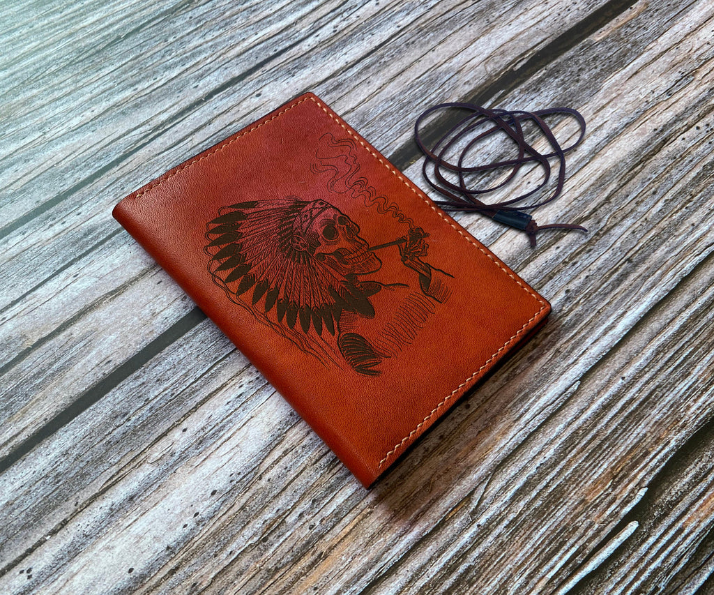 Handmade Leather Tobacco Pouch: Indian Chief Skull, Custom Engraved