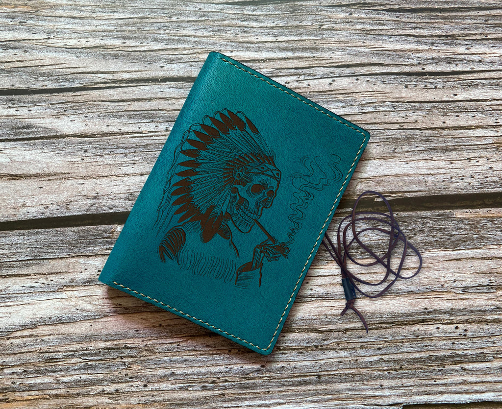 Handmade Leather Tobacco Pouch: Indian Chief Skull, Custom Engraved
