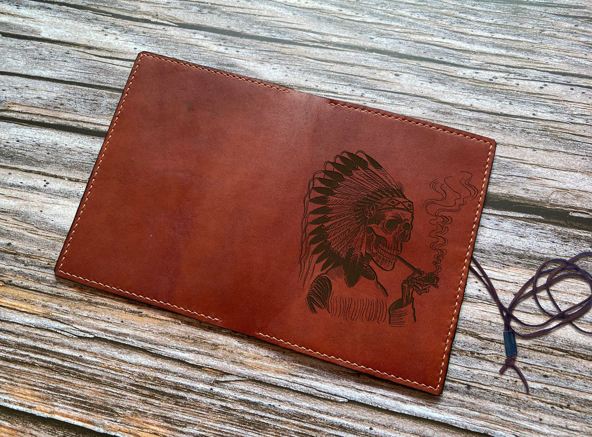 Handmade Leather Tobacco Pouch: Indian Chief Skull, Custom Engraved