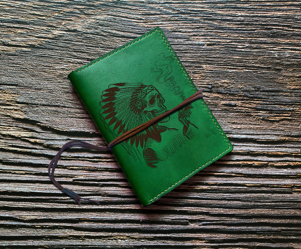 Handmade Leather Tobacco Pouch: Indian Chief Skull, Custom Engraved