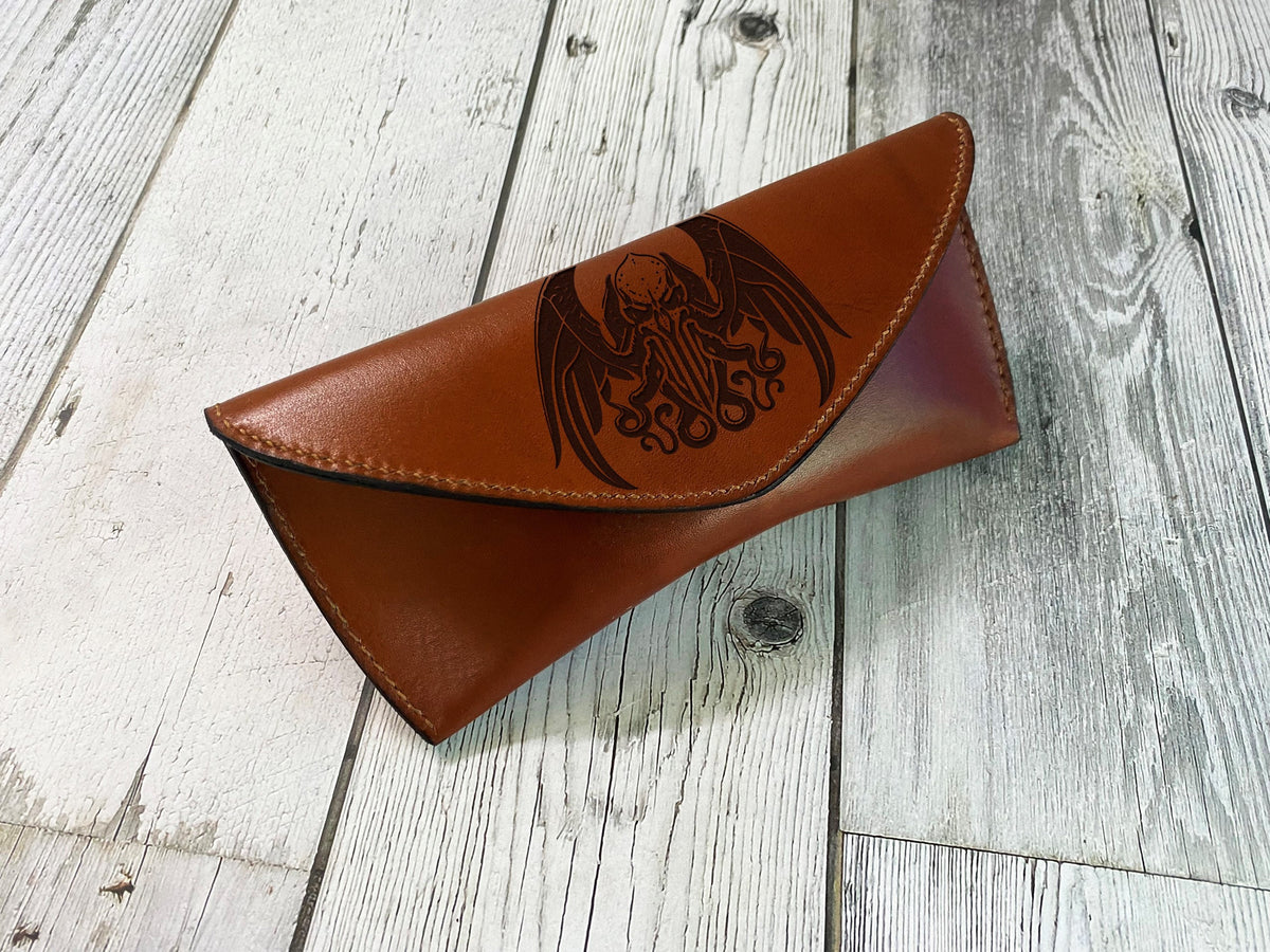 Cthulhu Leather Glasses Case: Engraved Eyeglasses Sleeve