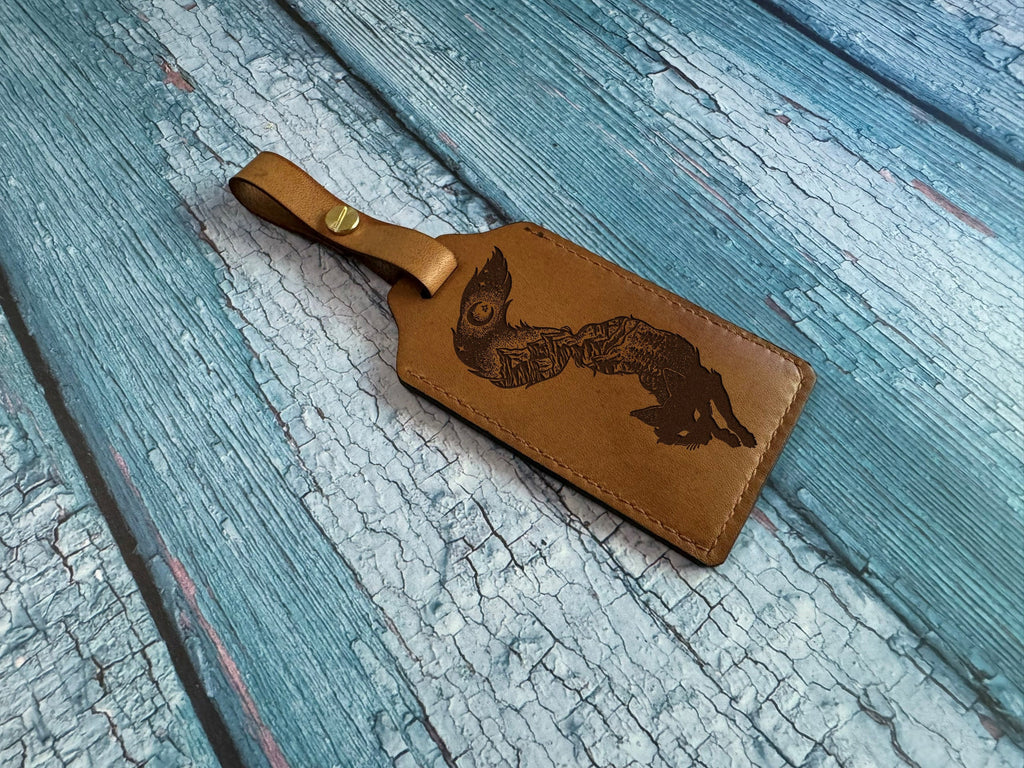 Engraved Fox Leather Luggage Tag: Animal Art ID Badge