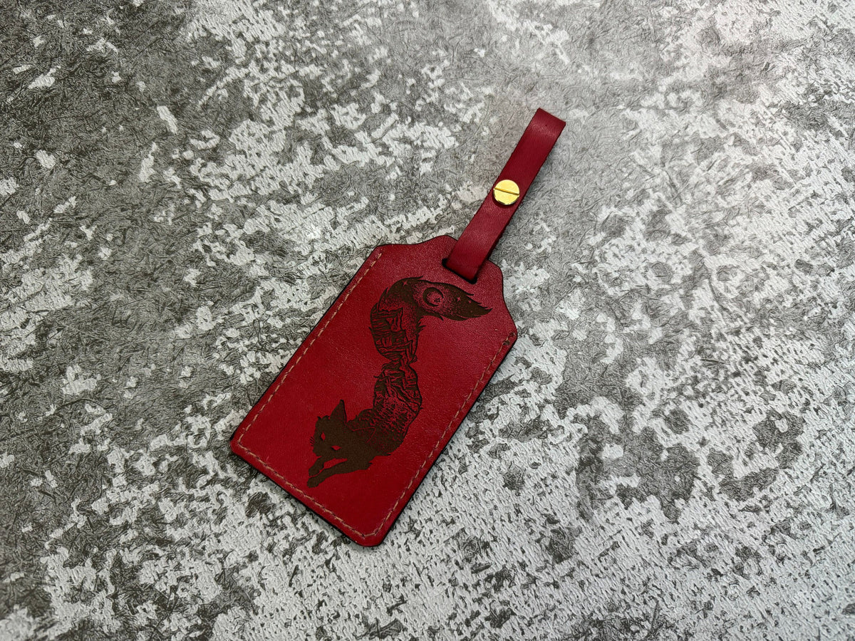 Engraved Fox Leather Luggage Tag: Animal Art ID Badge