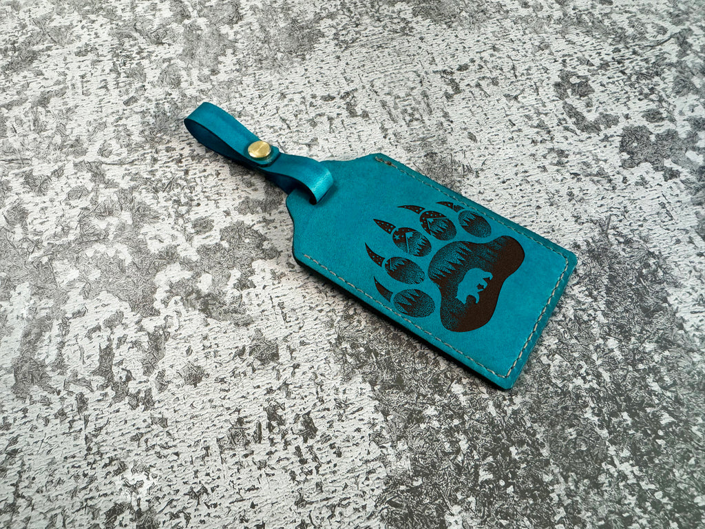Bear Paw Leather Luggage Tag: Engraved Custom Name Badge