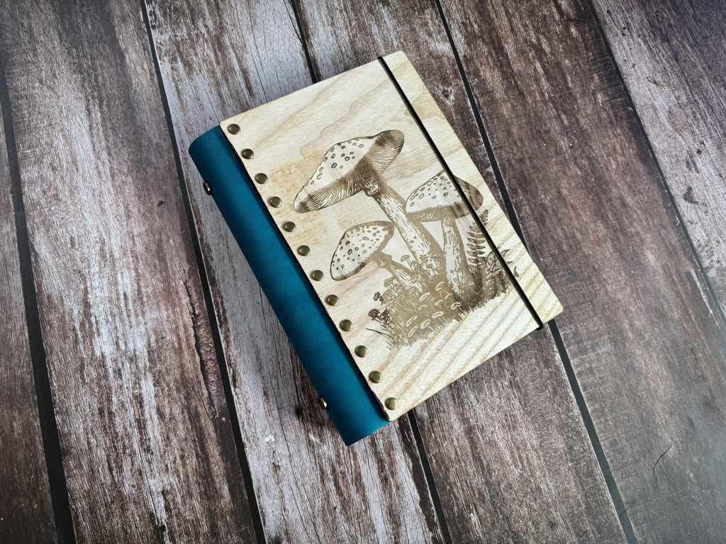 Mushroom Engraved Wood Journal: Refillable Leather Spine