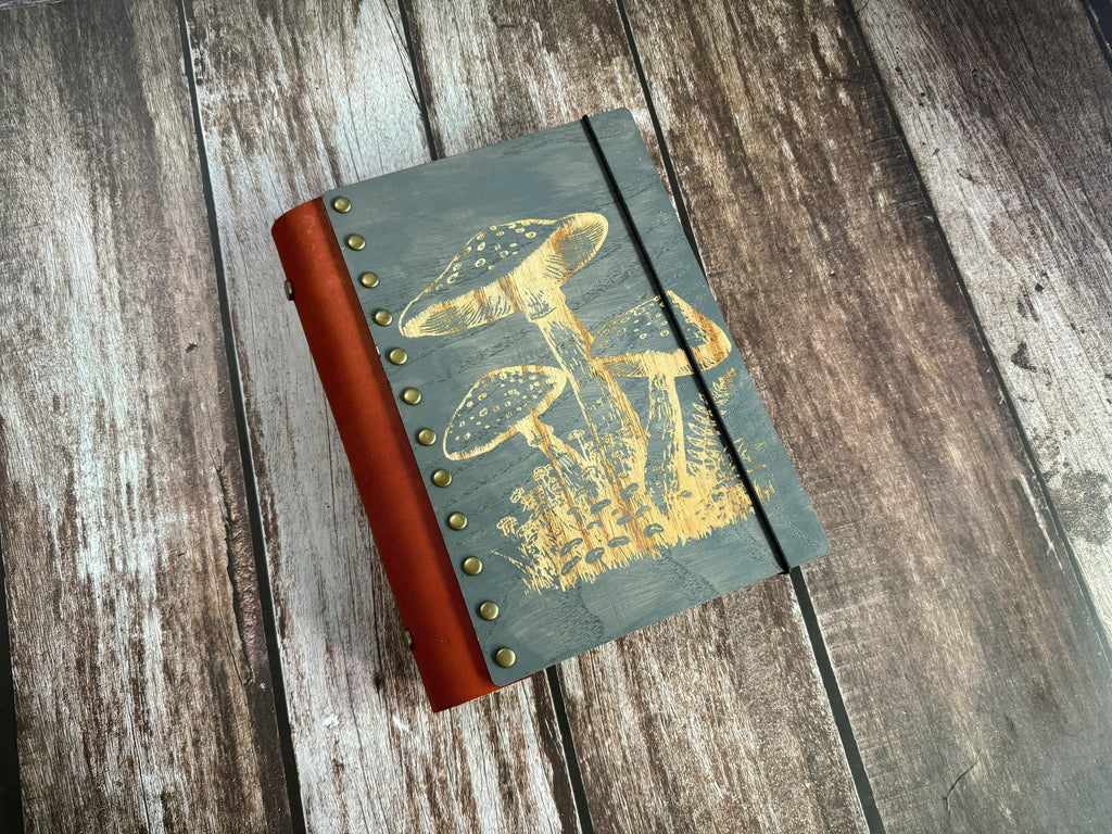 Mushroom Engraved Wood Journal: Refillable Leather Spine
