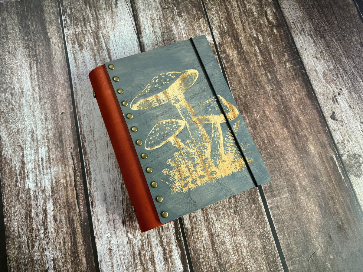 Mushroom Engraved Wood Journal: Refillable Leather Spine