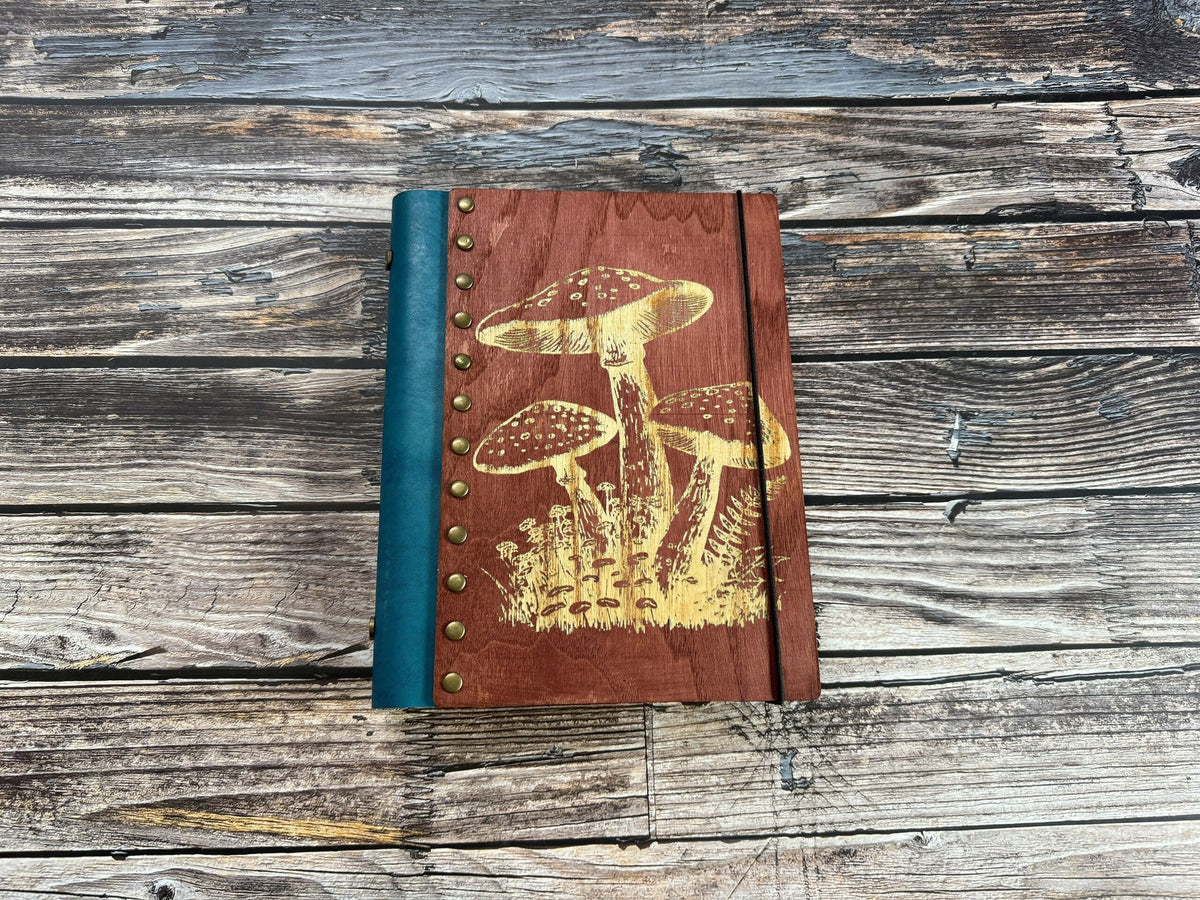 Mushroom Engraved Wood Journal: Refillable Leather Spine