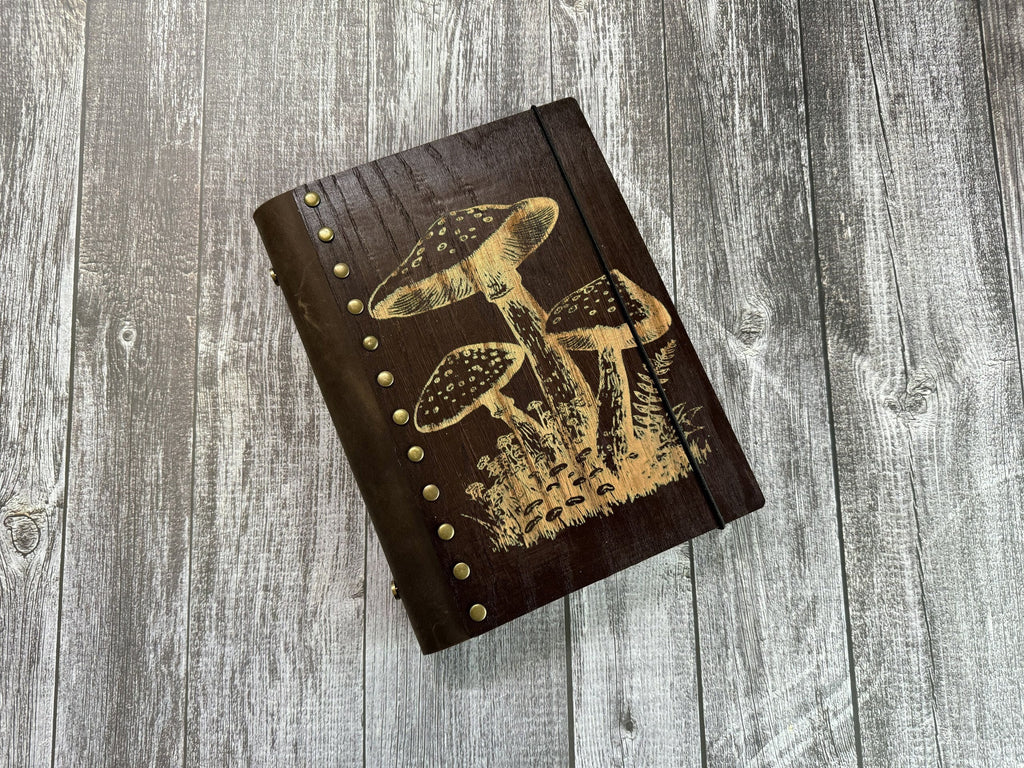 Mushroom Engraved Wood Journal: Refillable Leather Spine