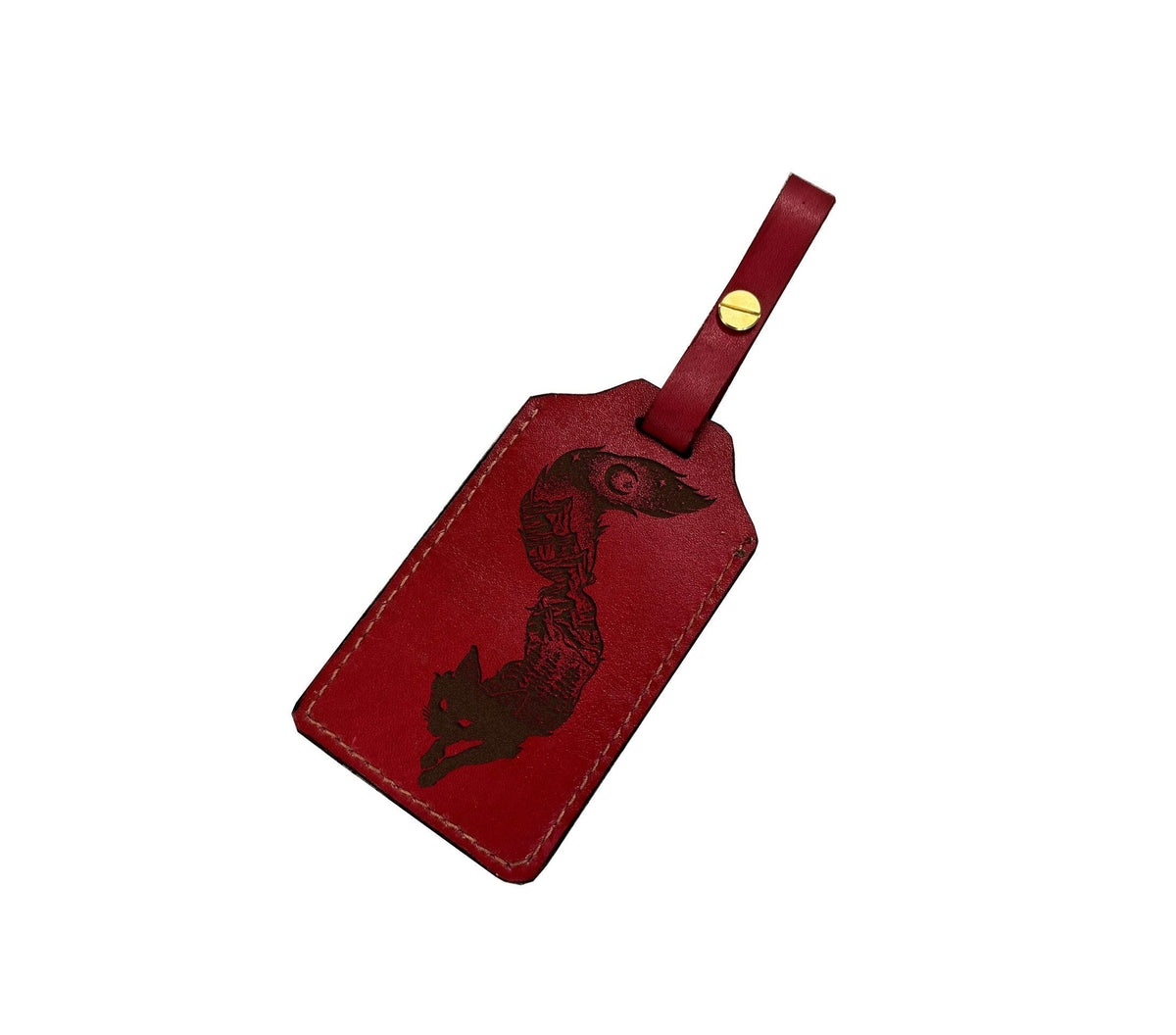 Engraved Fox Leather Luggage Tag: Animal Art ID Badge