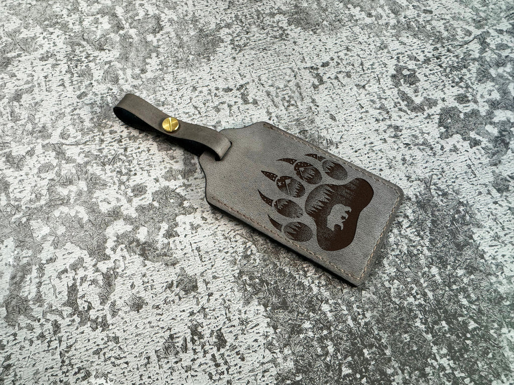 Bear Paw Leather Luggage Tag: Engraved Custom Name Badge