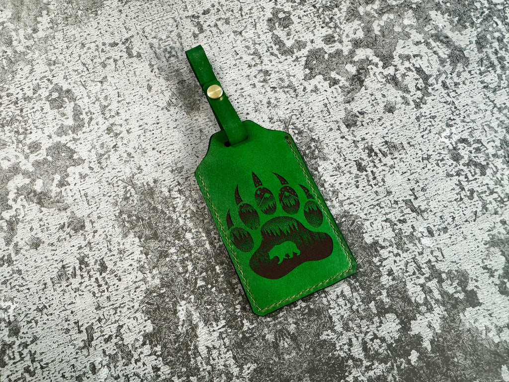 Bear Paw Leather Luggage Tag: Engraved Custom Name Badge
