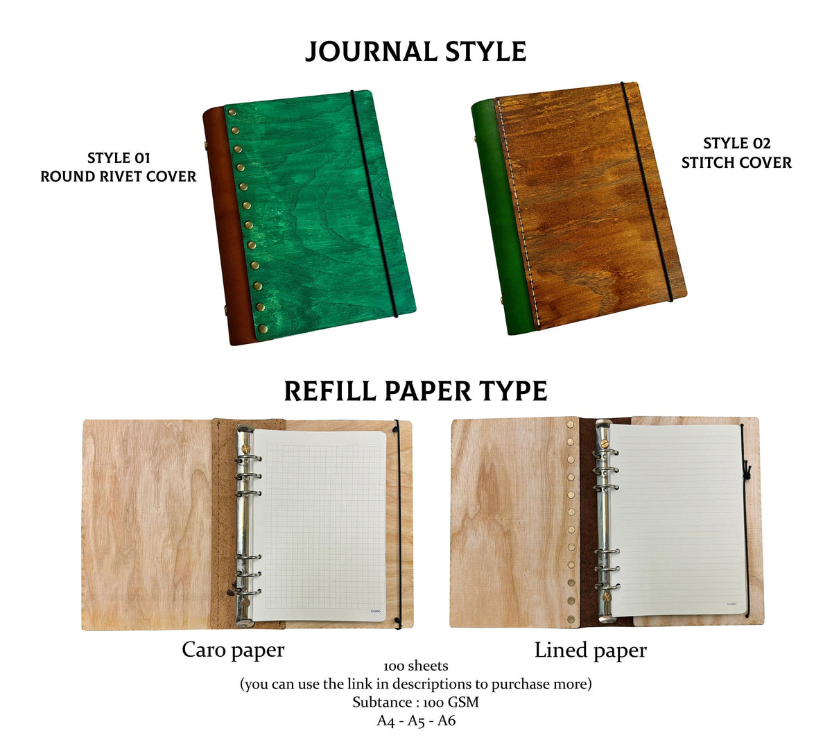 Mushroom Engraved Wood Journal: Refillable Leather Spine