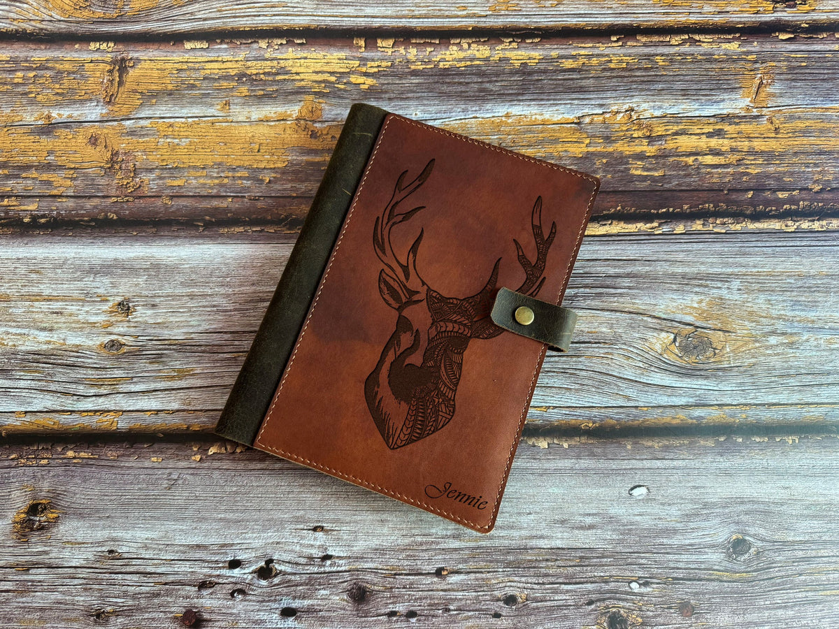Geometric Deer Leather Journal Cover: Custom Notebook, Legal Pad Portfolio
