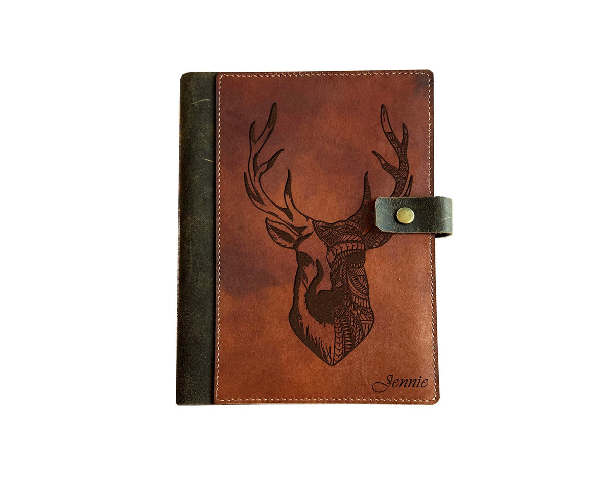 Geometric Deer Leather Journal Cover: Custom Notebook, Legal Pad Portfolio