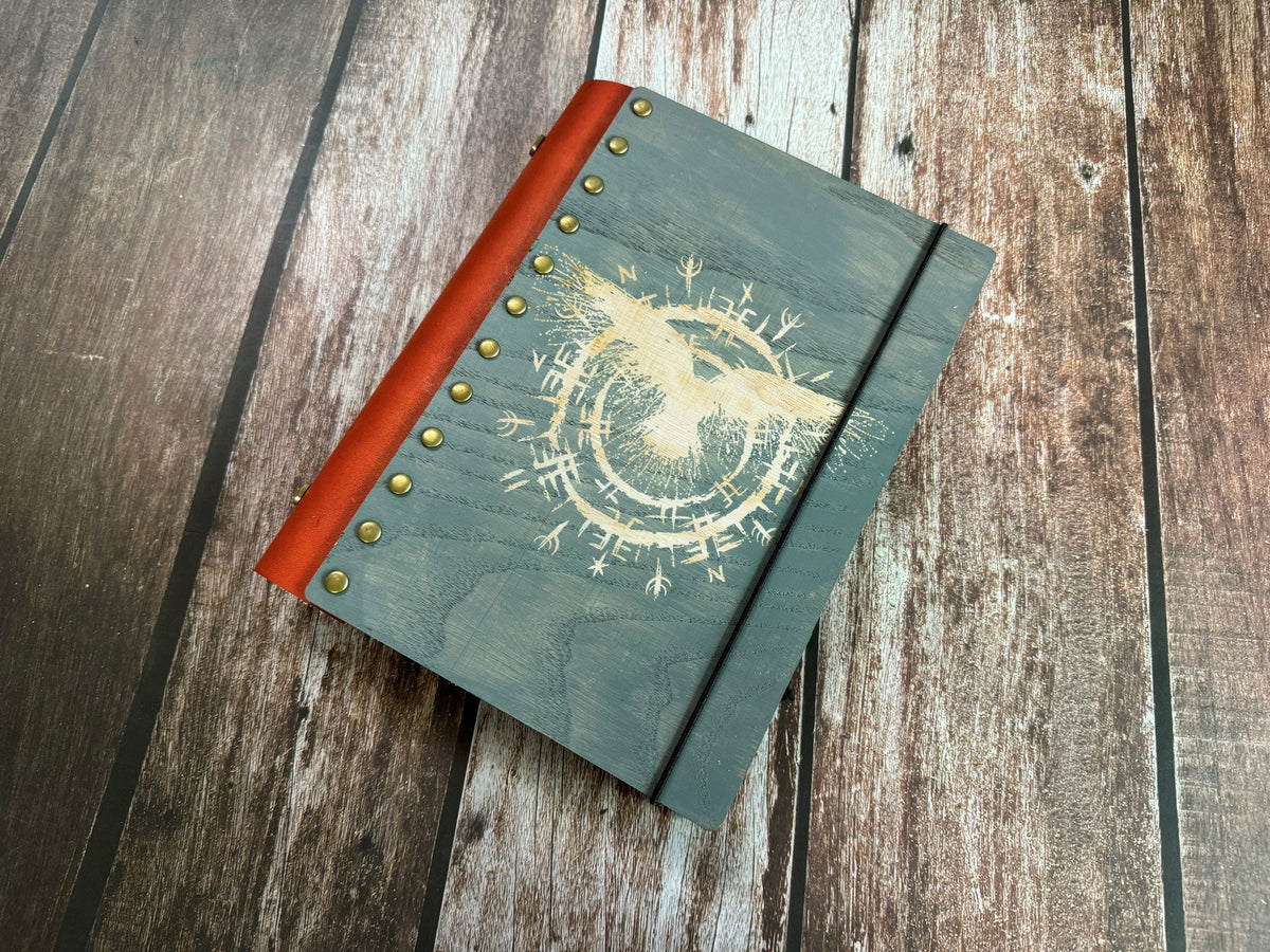 Raven Compass Wooden Journal: Celtic Viking Notebook, Custom Engraved