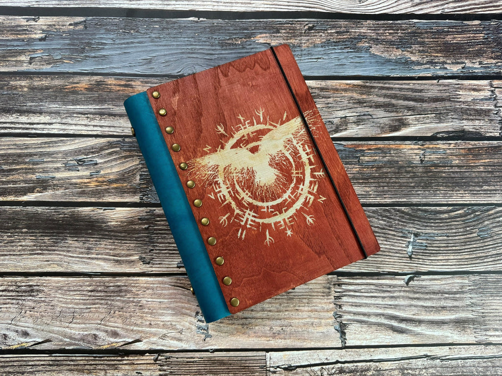 Raven Compass Wooden Journal: Celtic Viking Notebook, Custom Engraved