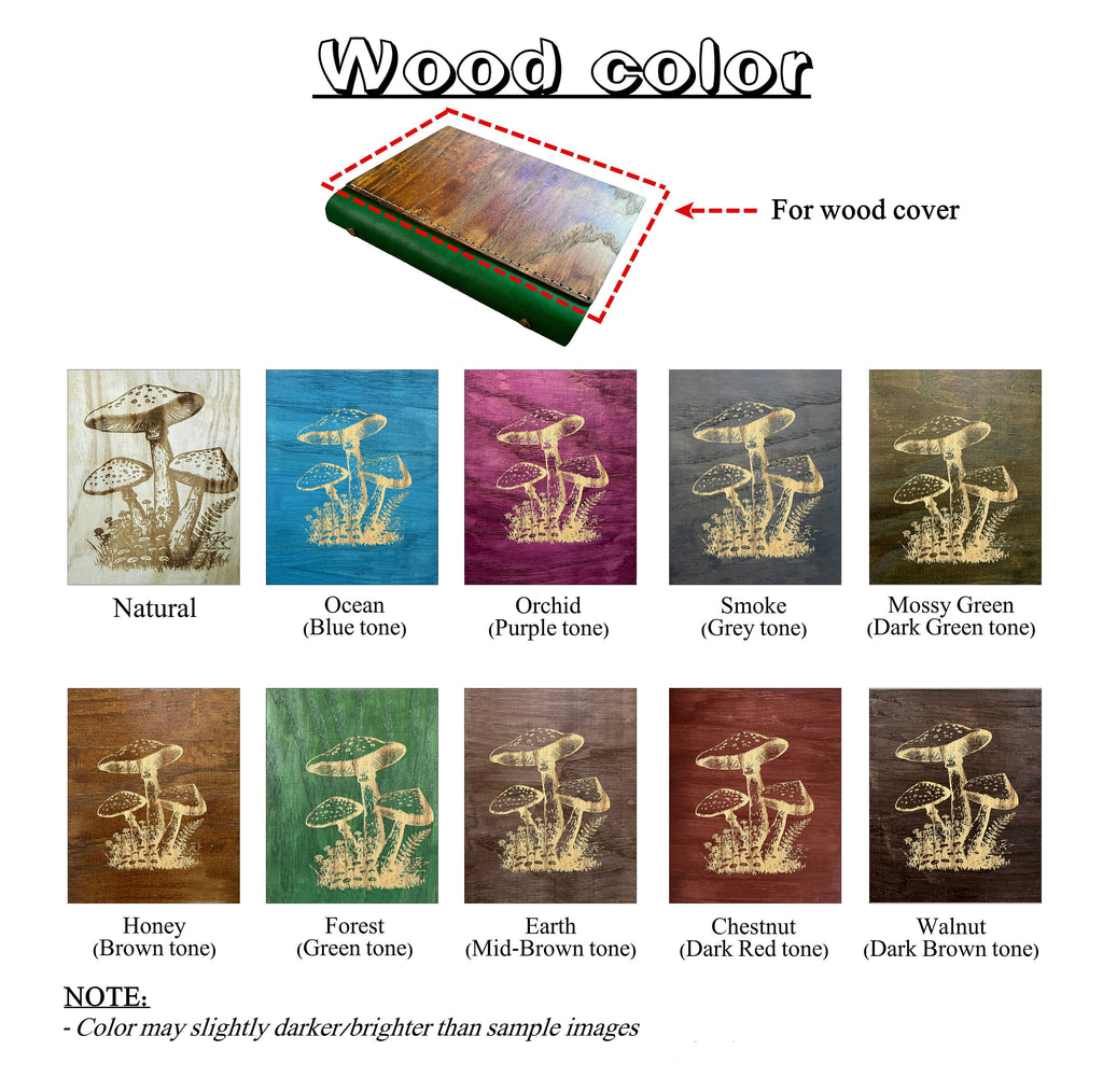 Mushroom Engraved Wood Journal: Refillable Leather Spine