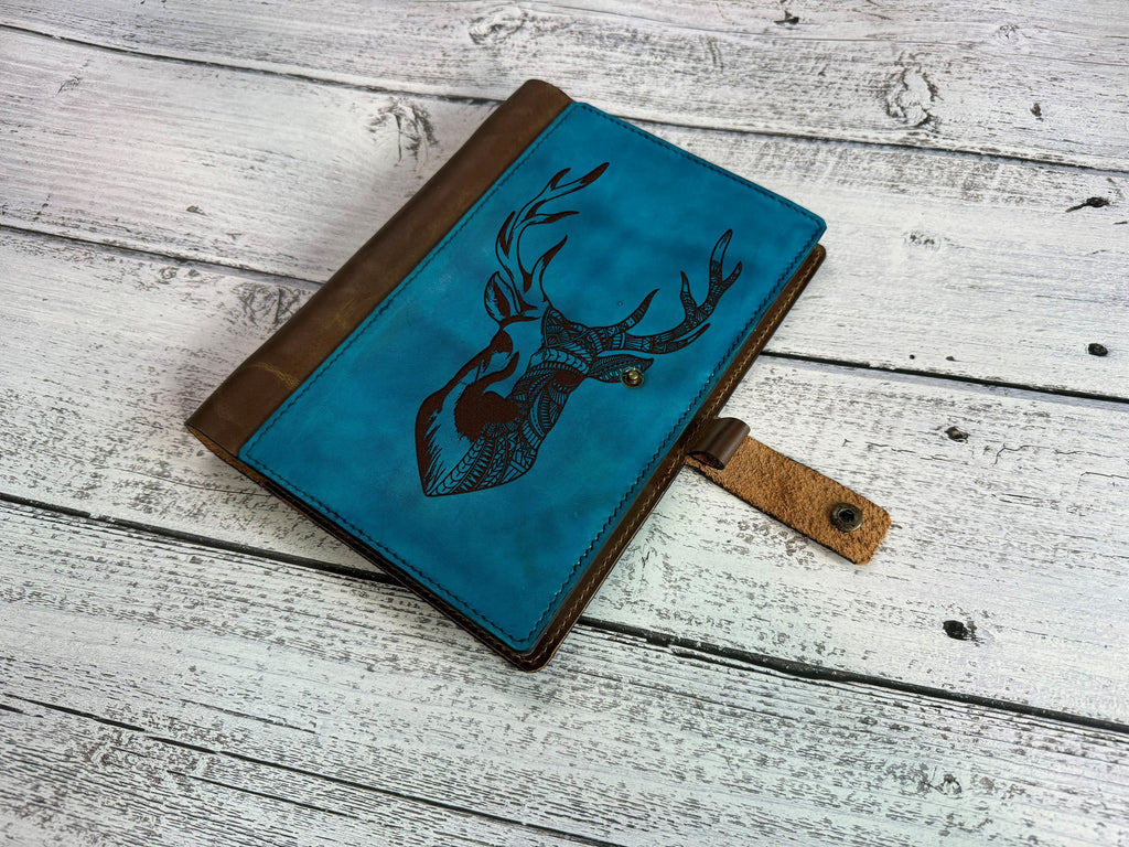Geometric Deer Leather Journal Cover: Custom Notebook, Legal Pad Portfolio