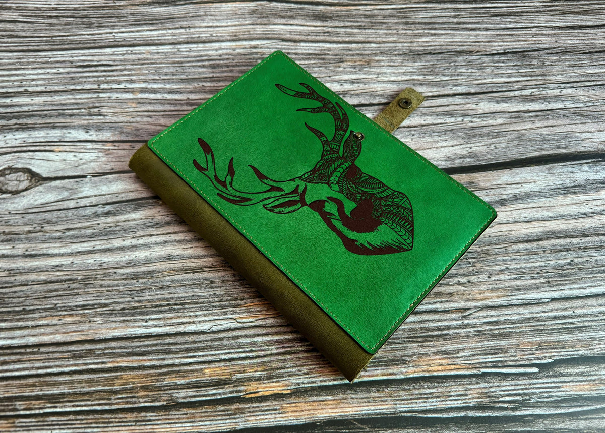 Geometric Deer Leather Journal Cover: Custom Notebook, Legal Pad Portfolio