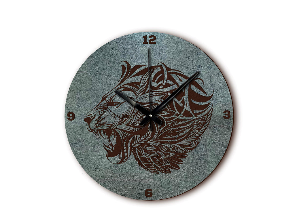 Engraved Lion Leather Wall Clock: Personalized Zentangle Art