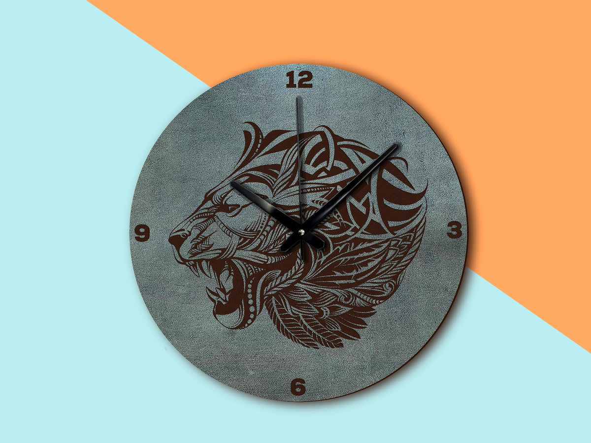 Engraved Lion Leather Wall Clock: Personalized Zentangle Art