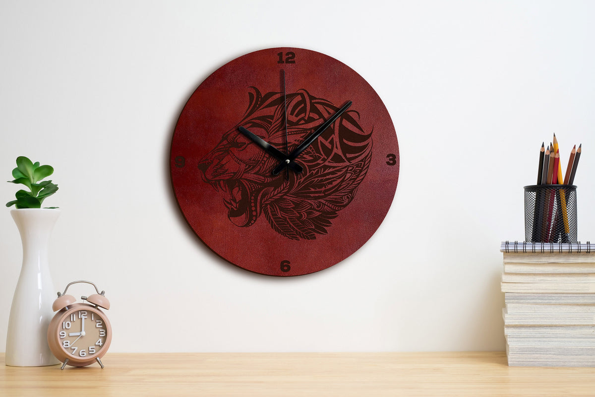 Engraved Lion Leather Wall Clock: Personalized Zentangle Art